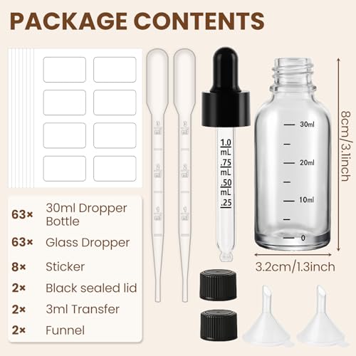 UPBUD 63 Pcs 1oz Clear Glass Dropper Bottles with Measurement, 30ml Leakproof Tincture Bottles with Funnels, Eye Droppers, Extra Caps & Labels, Refillable Empty Bottle for Tinctures, Essential Oils - color: Clear-1oz, size: 1oz