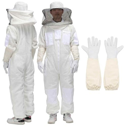 HARFINGTON Bee Suit for Men and Women L Beekeeping Suits Outfit with Glove and Round Veil Hood Bee Suits for Men Proof Backyard Professional and Beginner Bee Keeper Thick, White - size: L