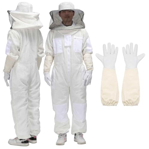 HARFINGTON Bee Suit for Men and Women XXL Beekeeping Suits Outfit with Glove and Round Veil Hood Bee Suits for Men Proof Backyard Professional and Beginner Bee Keeper Thick, White - size: XXL