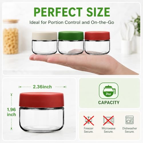 EONJOE 2 oz Glass Dressing Containers With Lids, Sauce Jars for Lunch, 6pk | Airtight ,BPA Free,Perfect for salad dressing sauce dip condiment to go lunch box Accessories , Dishwansher safe - size: 2oz