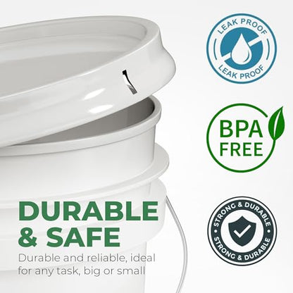 5-Gallon White Bucket Pail Container with Lid | Food Grade | Heavy-Duty Approx 90 MIL Extra Durable | Metal Handles with Plastic Grip | Multi-Use | Easy Stack and Store | BPA Free - 3 Pack - color: White - 5 Gallons, size: 3 Packs