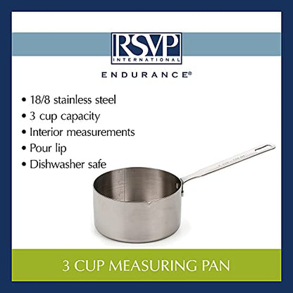 RSVP International Endurance Stainless Steel Measuring Pan Scoop, 3 Cups | Dry or Liquid | Baking or Cooking | Ideal for Melting Butter, Chocolate, Heating Soup | Dishwasher Safe - size: 3 Cups