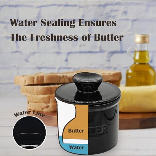 Ceramic Butter Crock, Airtight Butter Crock With Lid for Countertop, Round French Butter Keepers, Porcelain Butter Dish With Lid (Black) - size: Black