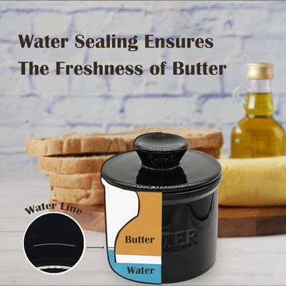 Ceramic Butter Crock, Airtight Butter Crock With Lid for Countertop, Round French Butter Keepers, Porcelain Butter Dish With Lid (Black) - size: Black