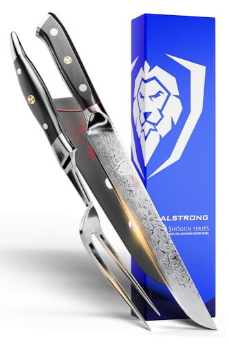 Dalstrong Slicing Brisket Knife Set Meat Fork - Carving Set - AUS-10V Japanese Steel - Premium G10 Handle - Sheath - Shogun Series Butcher Knife - Carving Knife - Slicer Boning Knife for Meat Cutting - color: Black, size: 9" Carving Set