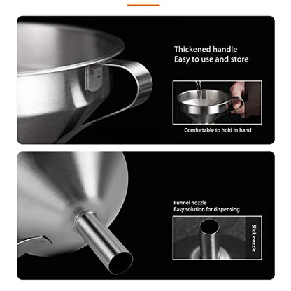 Stainless Steel Kitchen Funnel, Kitchen Funnel Food Grade Metal Funnel Multi Use Premium Metal Cooking Funnels with Strainer Brush for Filling Bottles Transferring Liquid Oil Milk