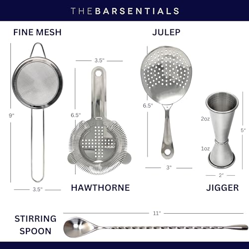 Cocktail Strainer Set Stainless Steel Bar Tools with Stirring Spoon - Hawthorne, Julep, Fine-Mesh and Jigger for Drinks