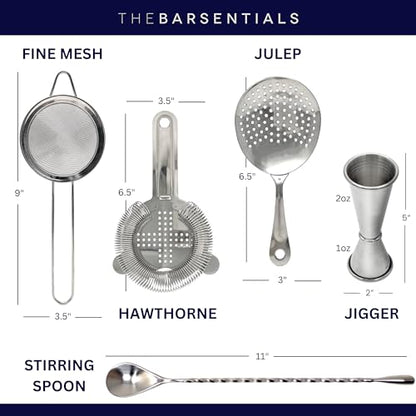 Cocktail Strainer Set Stainless Steel Bar Tools with Stirring Spoon - Hawthorne, Julep, Fine-Mesh and Jigger for Drinks