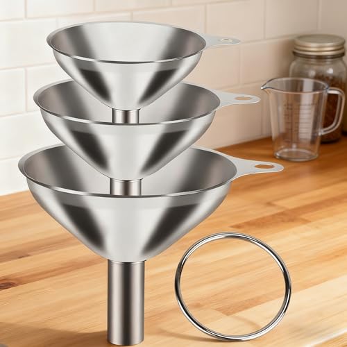 Stainless Steel Funnel Set, 3-Piece Food Grade Kitchen Funnels Large Medium Small, with Cleaning Brushes for Filling Bottles Jars Containers, Cooking Oil Transfer Tools