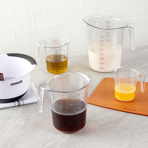 Restaurantware RW Base 2 Quart Measuring Jar 1 Durable Measuring Beaker - Metric And Imperial Units V-Shaped Spout Clear Plastic Measuring Cup Handle With Thumb-Grip Tolerates Up To 248F - color: Clear, size: 7.75" × 6.00" × 7.50"