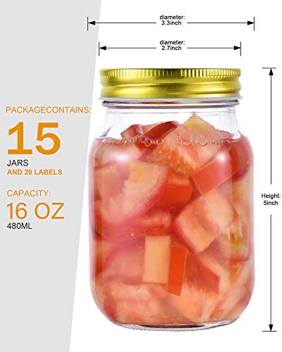 Rainforce 16 oz Mason Jars With Lids Regular Mouth 15 Pack-16 oz Glass Jars with Gold Lids,Bulk Pint Clear Glass Jars For Meal Prep, Food Storage With 20 Labels - color: Gold Lids