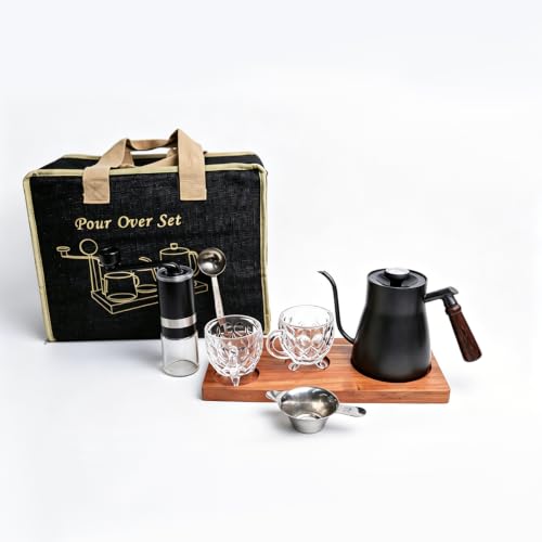 Pour Over Coffee Set, 5-in-1 Kit: 28oz Gooseneck Kettle with Thermometer, Grinder, 2 Glass Cups, Scoop & Wood Tray – Gift for Home Office Camping (Grey Box 5)