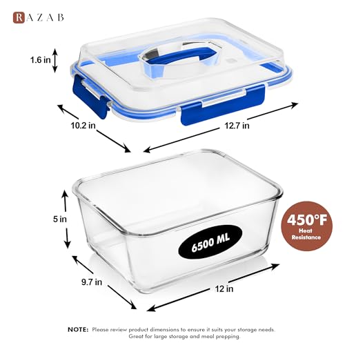 Razab 6500ml / 220 Oz / 28 Cups Extra Large Glass Food Storage Containers with Lids - Leakproof Glass Meal Prep Containers with Locking Lids for Roasting & Storing Leftover - Microwave & Oven Safe - color: Blue