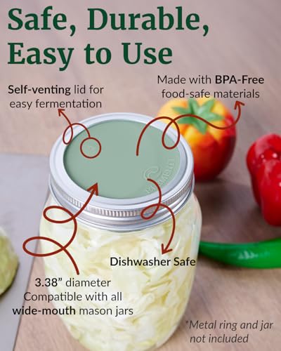 Elementi Mason Jar Fermentation Lids - Set of 4 Easy Grip Silicone Airlock Lids for Wide Mouth Mason Jars – Sauerkraut & Pickling Fermentation Kit – Self Burping Airlocks for Fermenting Kit - color: Sage Green, Stone Grey