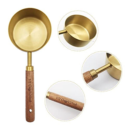 Gold Measuring Cups and Spoons Set with Fragrant Wood Handle, Measuring Cups, Metal Measuring Spoons and Measuring Cup Set for Cooking & Baking, Set of 8 pcs - color: Gold/Wooden Handle