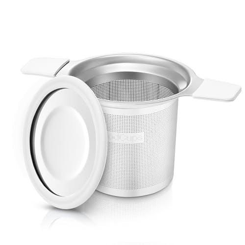 Stainless Steel Tea Infuser for Loose Leaf Tea – Extra Fine Mesh Strainer with Heat Proof Double Handles & Lid, Reusable Filter Fits Mugs, Cups & Teapots, White - color: White