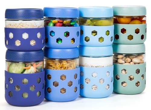 Gemice 8-Pack 16 oz & 10 oz Glass Mason Jars with Silicone Sleeves, Airtight BPA-Free Overnight Oats Containers with Lids, Dishwasher Safe Leak-Proof Meal Prep Jars for Chia Pudding, Yogurt, Snacks - color: Indigo Orchid, size: 16oz&10oz, 8-Pack