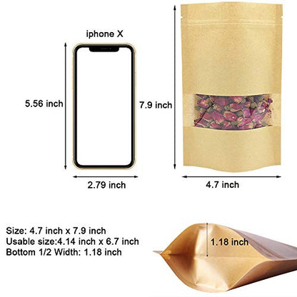 100 Pcs Resealable Stand Up kraft Paper Bags with Window for Packaging Products, Reusable Zip Lock Food Storage Pouch Bags (4.7" x 7.9") - size: 4.7" x 7.9"