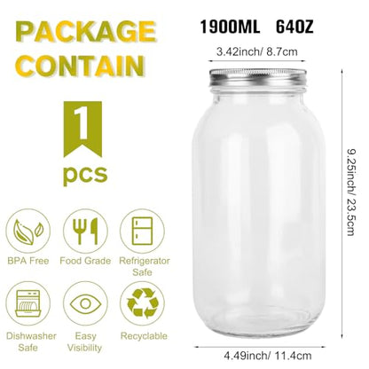 64oz Mason Jars with Lids, 1 Pack Wide Mouth Glass Canning Jars | for Food Storage, Overnight Oats, Dry Food, Snacks, Candies, DIY Projects, Food-safe Glass Jars, Feels Thick Seal&sturdy