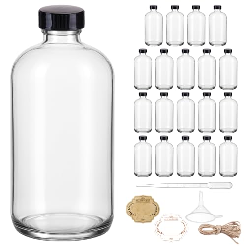 16 OZ Glass Bottles with Lids, 20 Pack Clear Boston Round kombucha Sample Bottles with Black Caps Perfect Glass Containers for Secondary Fermentation,Storing condiment,Homemade Essential Oils,kitchen - color: 20 P Clear