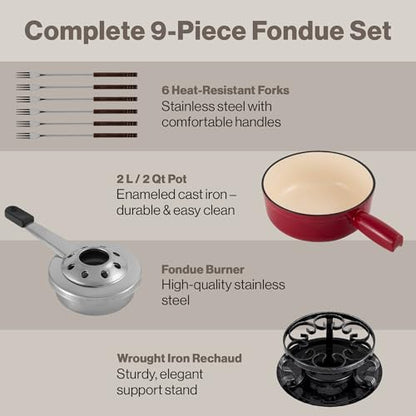 Swissmar Lugano Cast Iron Cheese Fondue Set, 9-Piece, 2 QT / 2 L - Ideal for Melting Cheese, Chocolates, Caramel, & More - Perfect for Kitchen Collection & Gift Giving - Cherry Red - color: Cherry Red