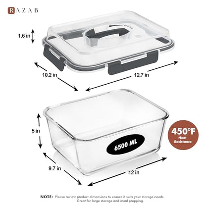 Razab 6500ml / 220 Oz / 28 Cups Extra Large Glass Food Storage Containers with Lids - Leakproof Glass Meal Prep Containers with Locking Lids for Roasting & Storing Leftover - Microwave & Oven Safe - color: Gray