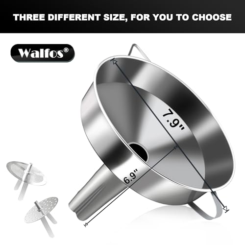 Walfos Extra Large Stainless Steel Funnel with Venting Slot, Kitchen Funnel with 2 Removable Strainer ＆ 1Pc Cleaning Brush, Perfect for Transferring Liquid, Oils, Jam, Dry Ingredients (Jumbo, 7.9") - color: 7.9in Jumbo Funnel