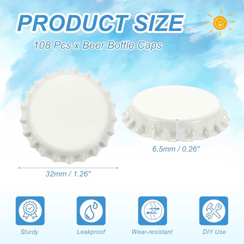 uxcell 108 Pcs Oxygen Absorbing Beer Bottle Caps, 32mm Pry Off Bulk Crown Caps Bottle Toppers for Soda Beer Wine Glass Bottles Home Brewing DIY Pendants or Craft Scrapbooks, White - color: White