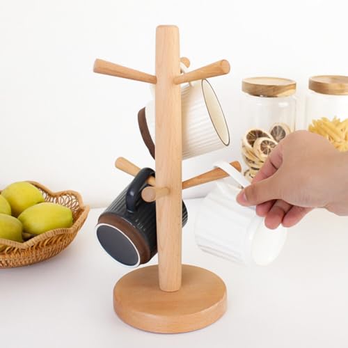 Happyupcity Wooden Mug Holder Tree Mug Rack with 6 Hooks Coffee Cup Holder Stand for Counter(Natural)