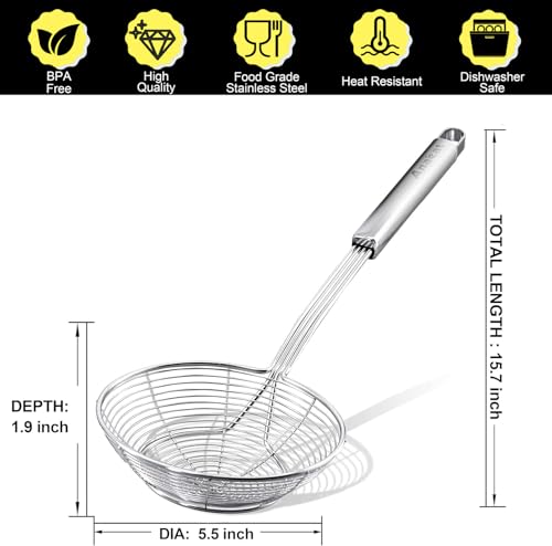 Anaeat Stainless Steel Spider Strainer Skimmer - Solid Kitchen Strainer Ladle with Long Handle for Cooking and Frying, Reinforced Double Coil Slotted Spoons for Pasta, Noodle, Spaghetti (5.5 Inch) - color: Double Coil 5.5 Inch