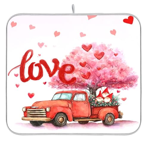 Valentine’s Day Love Tree Dish Drying Mat for Kitchen Countertop 16x18 Happy Valentines Day Gnomes White Small Drying Mat Reusable Quick Dry Dish Sink Mats Easy Clean Decorative Essentials - size: 16x18(in)x1