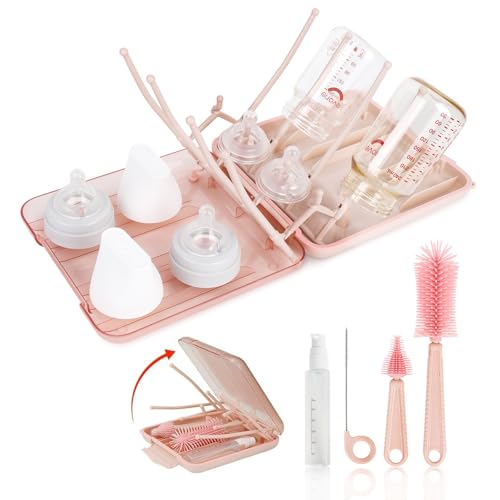 Baby Bottle Brush Set, 6-in-1 Travel Bottle Cleaner Kit with Silicone Bottle Brush, Nipple & Straw Brush, Soap Dispenser, Drying Rack, Storage Box – Compact Baby Travel Essential for Home & On-The-Go - color: Pink