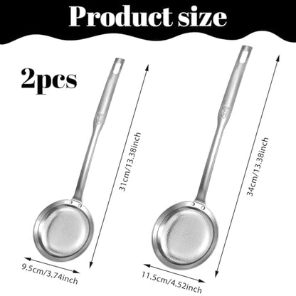 2 Pack Fat Skimmer Spoon Metal Strainer Fine Mesh Large small Stainless Steel Sieve Colander Soup Skimmer Kitchen Gadget for Oil Skimmers Spoon Filte Grease Foam Broth Oil Vegetable Quinoa Tea Juice