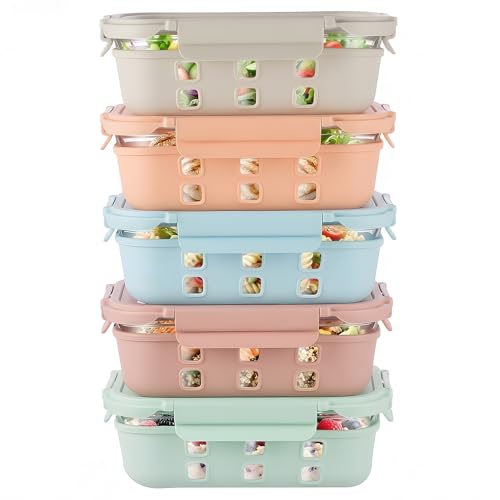 GENICOOK Glass Meal Prep Containers 5 Pack, 4.4 Cup Airtight Leakproof Lids, Borosilicate Glass Food Storage Containers, Microwave Oven Freezer Safe, BPA Free Lunch Containers - color: Bright color