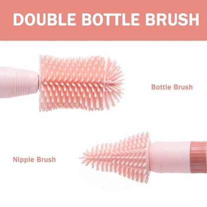 Travel Bottle Brush, 6-in-1 Portable Travel Bottle Cleaner Kit with Small Bottle Brush Built in Drying Rack, Nipple Brush, Straw Brush, Soap Dispenser, for Baby Bottles Under 8 OZ, BPA-Free(Pink) - color: Pink