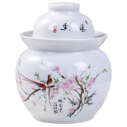 Peach Blossom and Bird Pattern Pickle Jar, Jingdezhen Porcelain with Ink Painting, Double-lid Fermentation Crock, Water-Sealed Ceramic Kimchi Jar(3.5kg/123.4oz) - size: 3.5kg/123.4oz