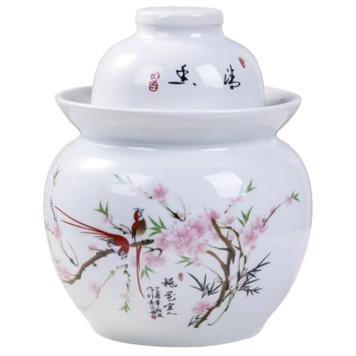 Peach Blossom and Bird Pattern Pickle Jar, Jingdezhen Porcelain with Ink Painting, Double-lid Fermentation Crock, Water-Sealed Ceramic Kimchi Jar(3.5kg/123.4oz) - size: 3.5kg/123.4oz