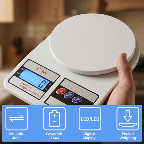 Digital Food Scale 10KG/1g Small Kitchen Weighing Scale with LCD Display, Portable Gram & Ounce Weight Measuring Device for Baking, Cooking, Travel, Accurate Smart Food Measuring Tool