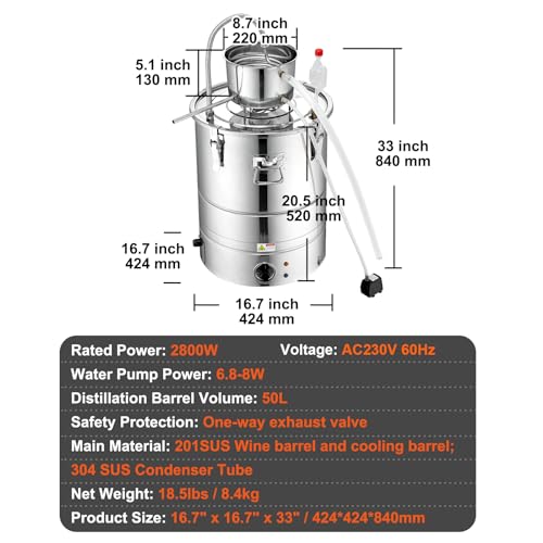 VEVOR Electric Alcohol Still 13Gal/50L,230V/60Hz, Alcohol Distiller, Distillery Kit for Alcohol include Pump & One-way Exhaust Valve & Thermometer - size: 13 Gal/50L
