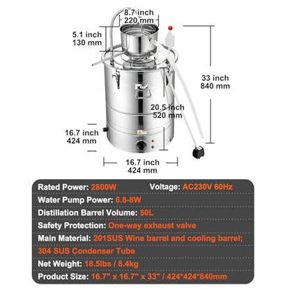 VEVOR Electric Alcohol Still 13Gal/50L,230V/60Hz, Alcohol Distiller, Distillery Kit for Alcohol include Pump & One-way Exhaust Valve & Thermometer - size: 13 Gal/50L