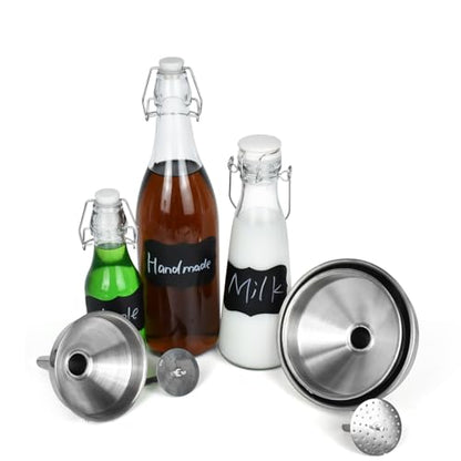 Artcome 3 Pcs Stainless Steel Kitchen Funnel Set, Food Grade 3-in-1 Metal Funnel, Ideal for Transferring of Liquid, Sauce, Jam, Particles & Powder - Dispensing Funnels with Strainers - Dish-Wash Safe