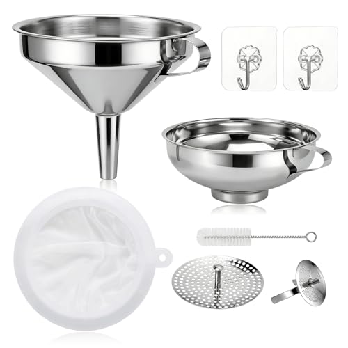 Stainless Steel 2 Pack Funnel Set Long Spout Funnel for Narrow Neck Bottles (Oil, Sauce) Wide Mouth Funnel for Mason Jars, Canning with 200μm Fine Mesh Strainer & Removable Filters (Small Set) - size: Small Set