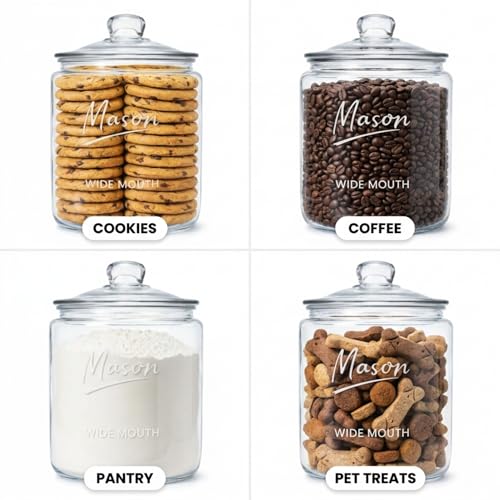 1 Gallon Mason Glass Cookie Jar with Lid – Wide Mouth Glass Storage Jar with Embossed Mason Logo, Airtight Pantry Container with Measurement Markings for Cookies, Candy, Flour & Dog Treats – Pack of 2 - size: Pack of 2