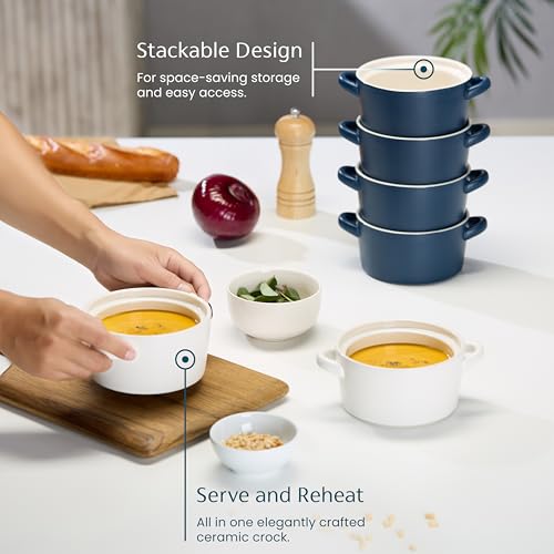 Kook Soup Crocks, Ceramic Stackable Bowls, Broil, Oven, Microwave and Dishwasher Safe, with Handles, For Casserole, Pasta, Cereal, Capacity 18 oz, Set of 4, (Matte Blue) - color: Matte Blue