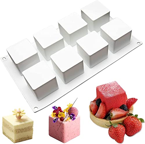 OCPO KITCHEN Cube Silicone Mold for Baking Mousse Cake, French Dessert, Pastry, Chocolate, Brownie, Ice Cream, Pudding, Ice Mold, 3D Cube Shape (8-Cavity) - style: Cube (8-Cavity)