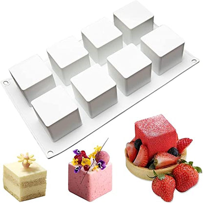 OCPO KITCHEN Cube Silicone Mold for Baking Mousse Cake, French Dessert, Pastry, Chocolate, Brownie, Ice Cream, Pudding, Ice Mold, 3D Cube Shape (8-Cavity) - style: Cube (8-Cavity)