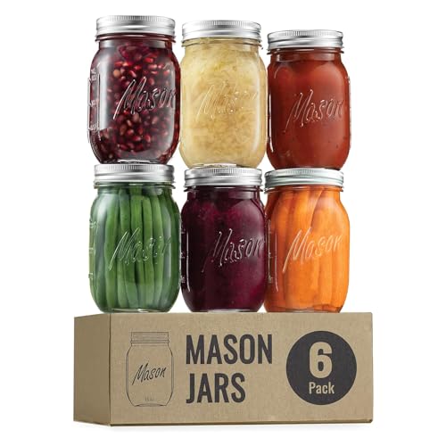 Classic 16 Oz Mason Jars, 6 Pack Canning Jars, Regular Mouth, Airtight & Leak Proof, Dishwasher Safe, Microwave & Freezer Safe, 3.2 x 4.5 x 5.5 inches