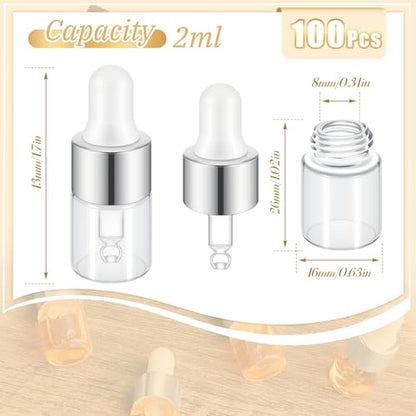 Didaey 100 Pcs 1/2/3/5/10/15 ml Mini Glass Oil Dropper Bottle Bulk, Clear Essential Small Empty Bottles Sample Containers Perfume Liquid Vials with Cap for Traveling (2 ml,Classic Silver) - color: Classic Silver, size: 2 ml