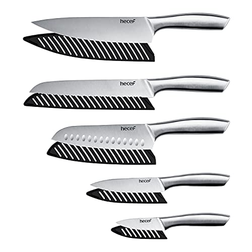 hecef Silver Kitchen knife set of 5, Satin Finish Blade with Hollow Handle, includes 8" Chef, 8" Bread, 8" Santoku, 5" Utility and 3.5" paring knife - style: 5 PCS