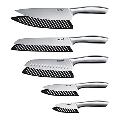hecef Silver Kitchen knife set of 5, Satin Finish Blade with Hollow Handle, includes 8" Chef, 8" Bread, 8" Santoku, 5" Utility and 3.5" paring knife - style: 5 PCS